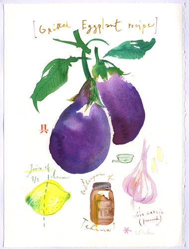 Original watercolor painting of Grilled eggplant recipe, Food art, Kitchen decor, Purple, Vegetable