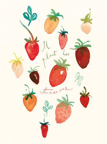 Kitchen decor, Strawberry illustration art print, Watercolor red fruit painting, 8X10 food poster
