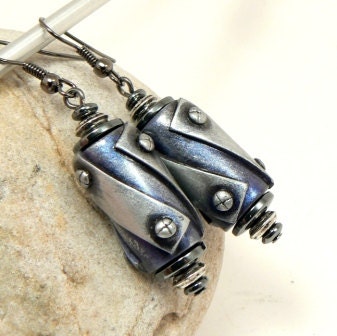 Steel Blue Dangling Earrings w/Hematite Beads Rocker Punk