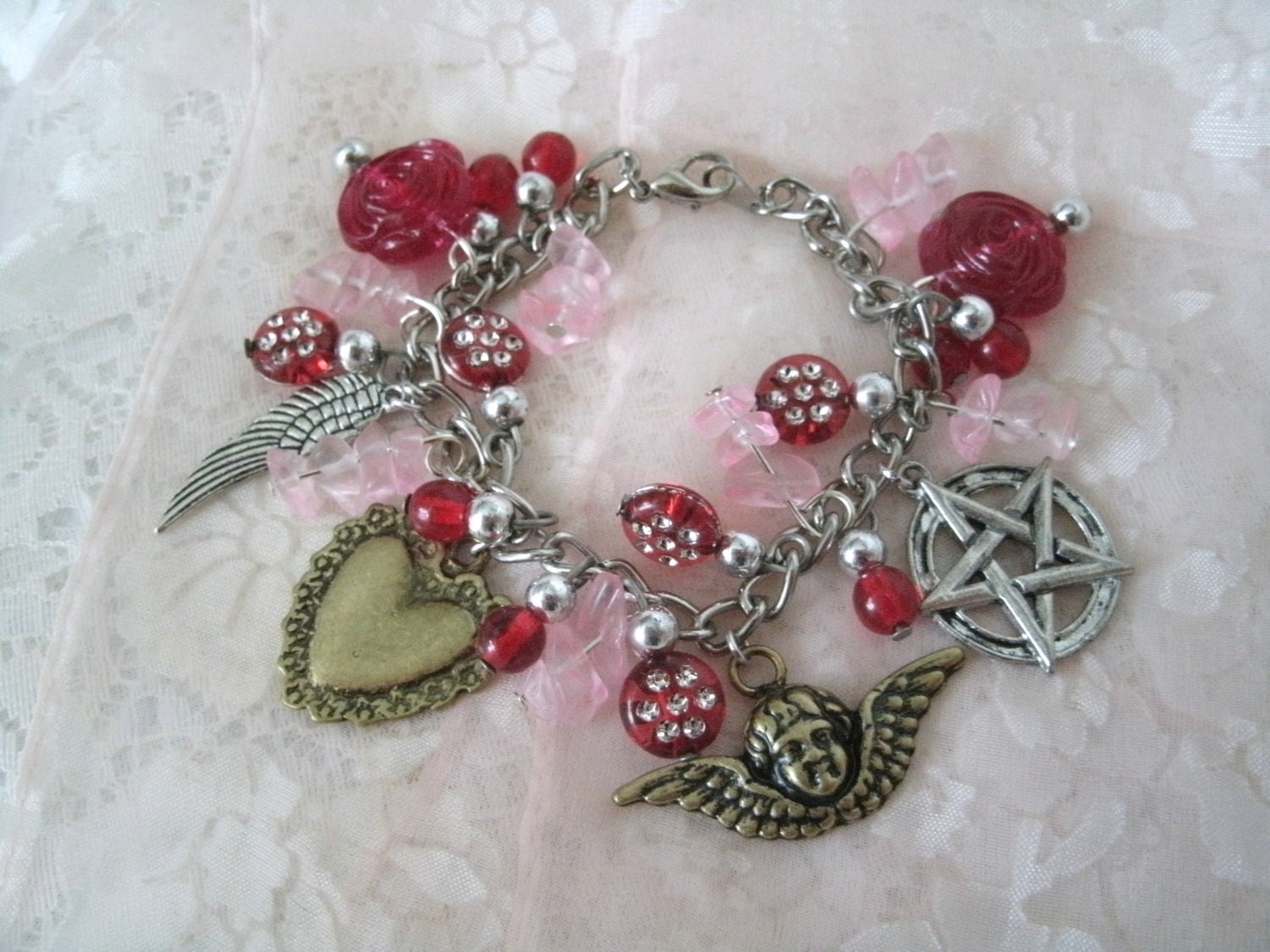 Love Spell Pentacle Charm Bracelet, wiccan jewelry witch goddess pagan witchcraft gypsy occult metaphysical new age wicca pentagram