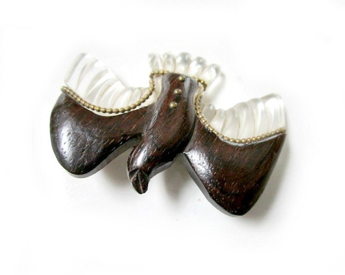 Vintage Reverse Carved Lucite Wings Riveted Wood Bird Brooch Pin Unique Rare