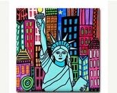 50%  OFF SALE - Art Tiles - NYC Gifts - Ceramic Tile - Statue of Liberty Art - New york City Art -Modern Abstract Print on Coaster - Weddin