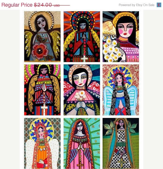 50%  OFF SALE - Mexican Folk Art - Set of 9 ACEO Print Cards - Angels - Wedding Gifts