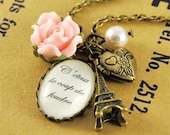 Love At First Sight Eiffel Tower French Charm Necklace with Flower and Swarovski Pearl Vintage Style