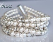 Bridal bracelet MARCELLE - White swarovski pearls and rhinestone Bracelet, wedding jewelry