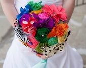 colorful retro wedding bouquet with vintage brooches and vintage fabric ready to ship