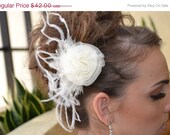 20% OFF Bridal Hair Accessory with Ostrich Feathers, Faux Pearls and an Ivory Flower