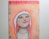 folk art rabbit Original girl painting bunny whimsical painting mixed media art girl painting 8x10 inch canvas board - Joyful Bunny