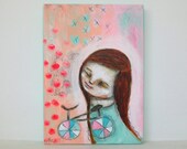 folk art painting whimsical painting original girl painting Mixed media painting on wood - Pippa's new bicycle