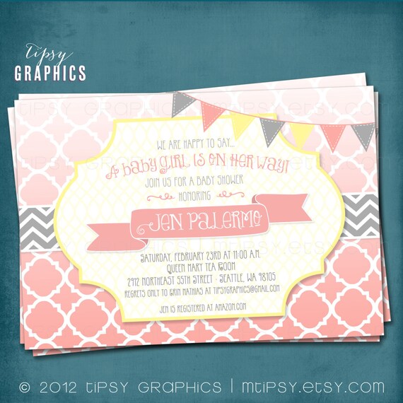 Ombré Pretty Peach Yellow & Gray. Quatrefoil Chevron. Baby / Bridal Shower Invite. Any text by Tipsy Graphics Il_570xn