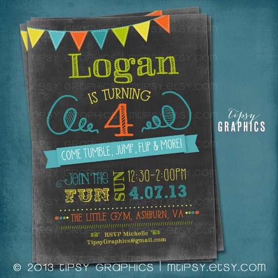 Tumble, Jump Flip & More. Chalkboard Trampoline Bounce House or Little Gym Birthday Party Invite by Tipsy Graphics Il_570xn