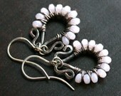 Handmade wire wrapped dangle earrings, milky pink, Czech glass, beaded, drop, oxidized copper, sterling silver, Mimi Michele Jewelry