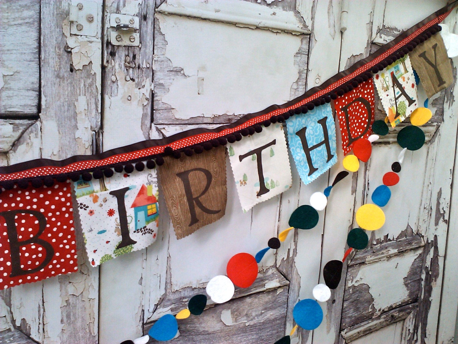 Happy Birthday Banner Woodland Theme Red Brown White and Turquoise Il_570xn