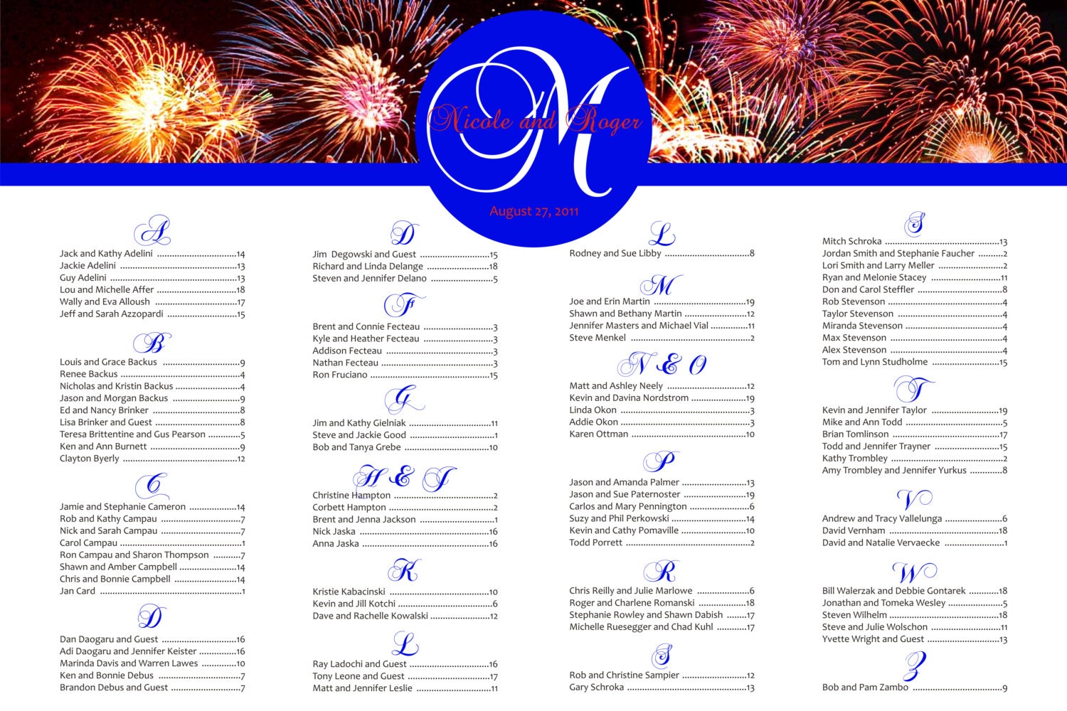 Custom Fireworks Wedding Seating Chart