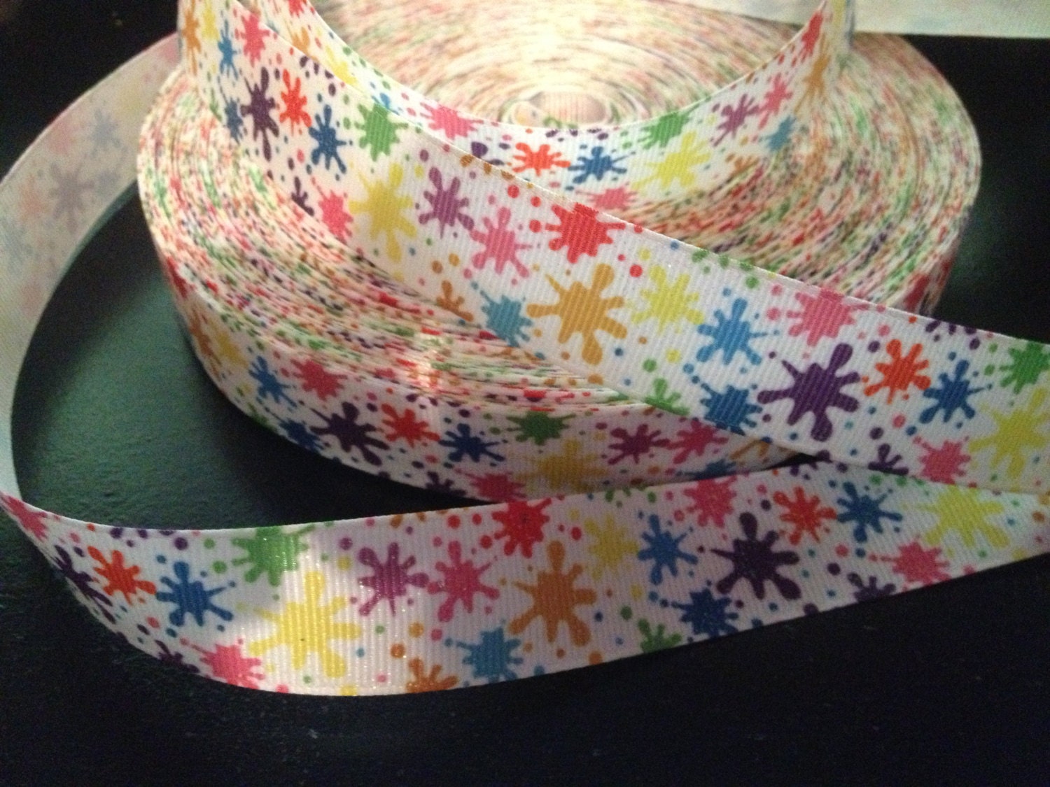 SALE PRICE 5 Yards of Paint Splatter GLITTER Printed Grosgrain Ribbon 7/8 inches wide