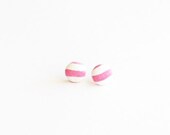 Pink Pride - upcycled vintage Izod blouse - Repurposed Covered Button Earrings - Nautical Earrings - Stripes - Pink - White - Pink earrings