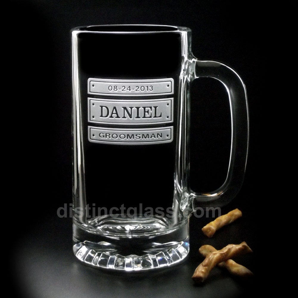 Set of 6 Gifts for Groomsman - Etched TRIPLE PLATE WEDDING Beer Mugs - Name, Title & Date - Gifts for Best Man Usher Etched Beer Mugs