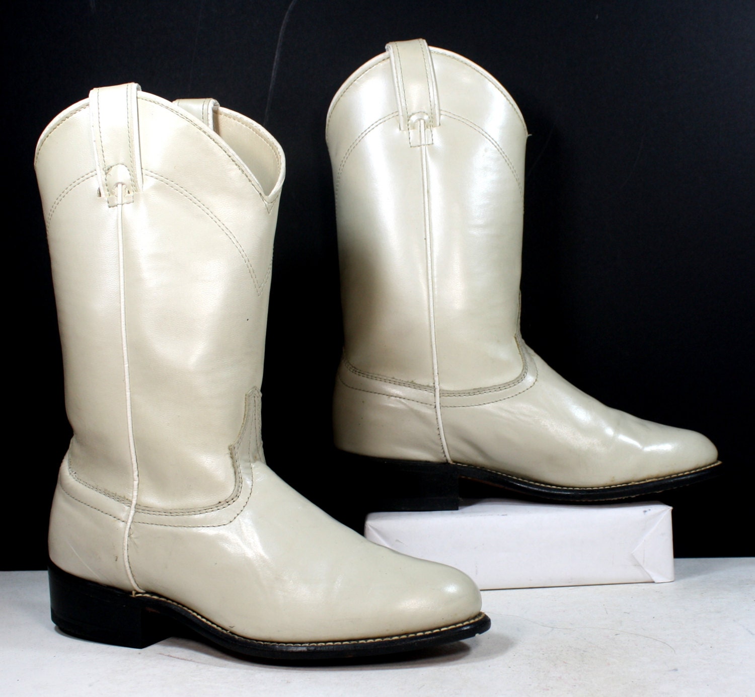 Vintage Laredo Roper cowboy mid calf womens white cow boy cow girl Leather western fashion boots 6.5 B M