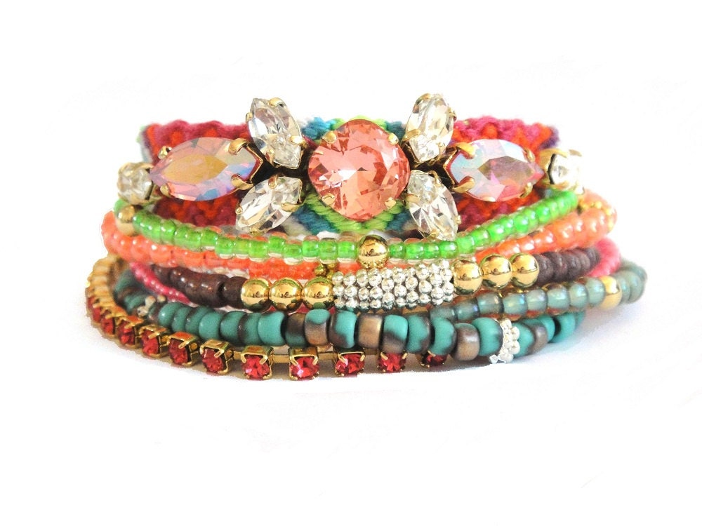 OOAKjewelz Multiple strands beaded gypsy bracelet - DeLuxe edition with handembroidered Swarovski - Neon friendship bracelet hippie style