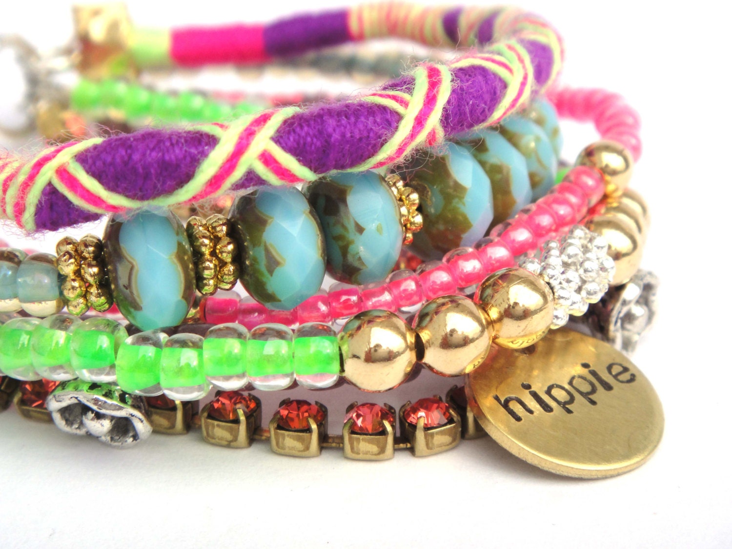 The Original OOAKjewelz multiple strands gypsy bracelet - neon friendship bracelet - handstamped hippie tag - boho chic hippie jewelry