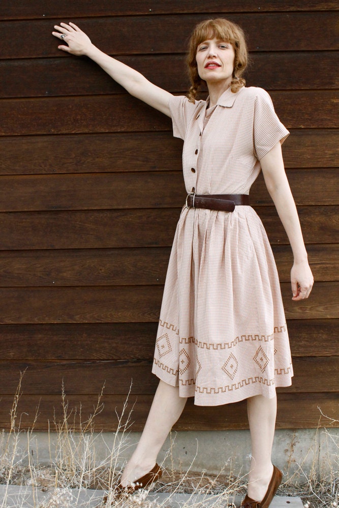 Vintage 1950's Brown Gingham Shirt Dress DAISY LOU