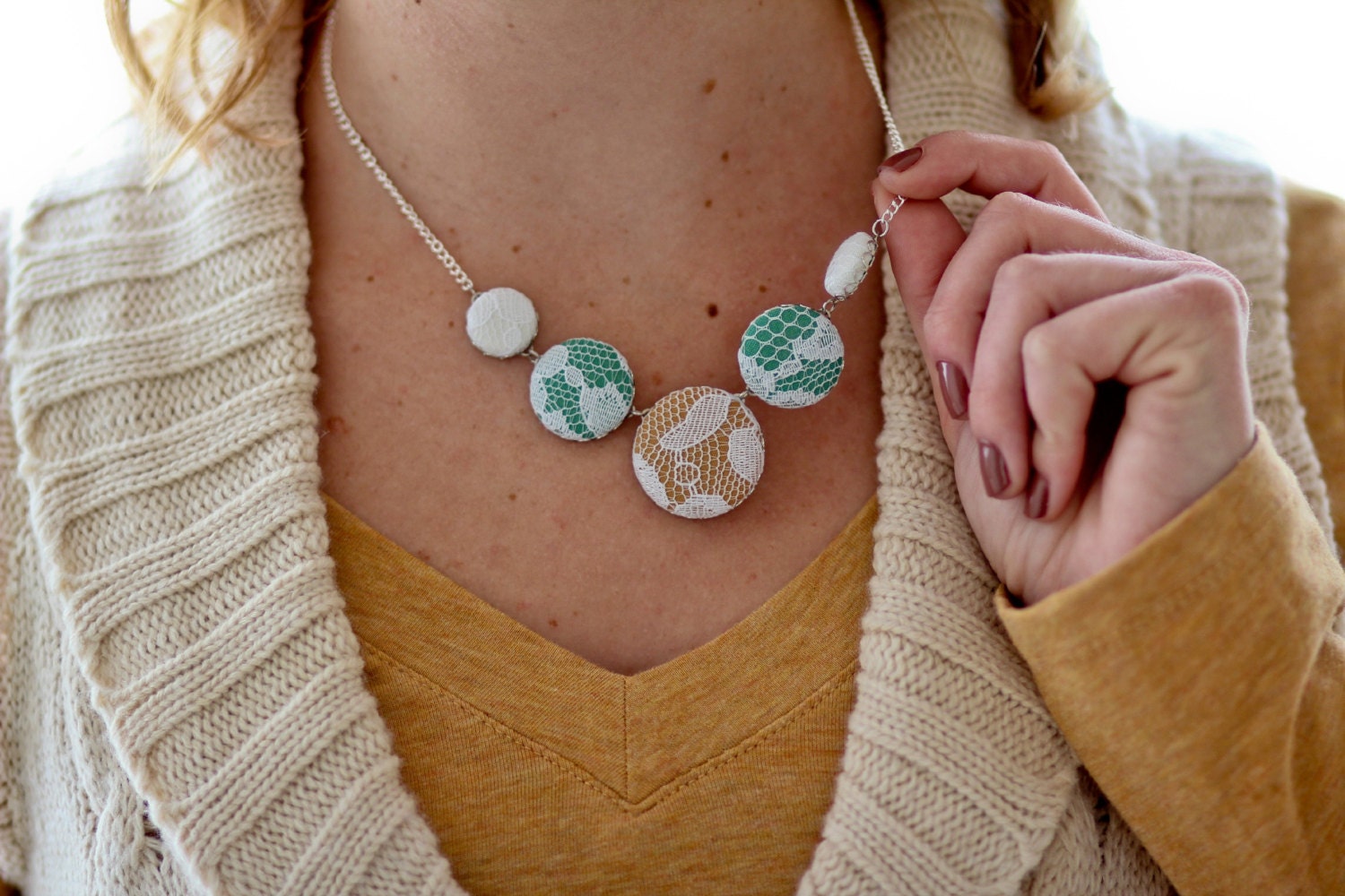 cotton and lace button bib necklace: choose your colors