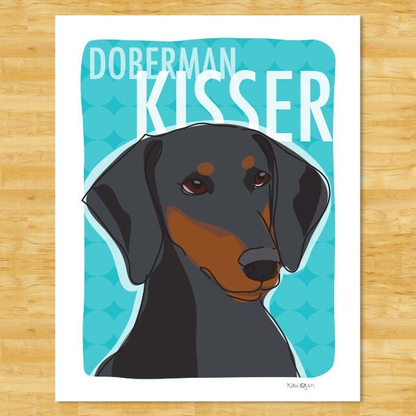Doberman Pinscher Print 5x7 Dog Art - Doberman Kisser - Black Doberman Floppy Ears