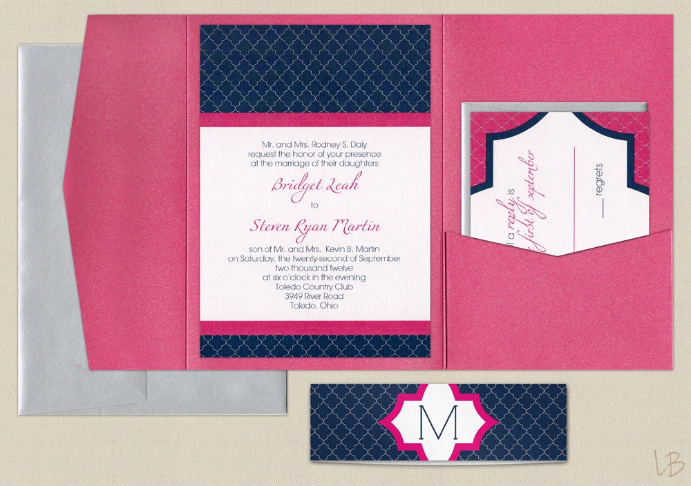 Pink and Navy Pocket Wedding Invitation Sample Set - Fuchsia and Navy Blue Modern Geometric Invitation - Hot Pink Pocketfold