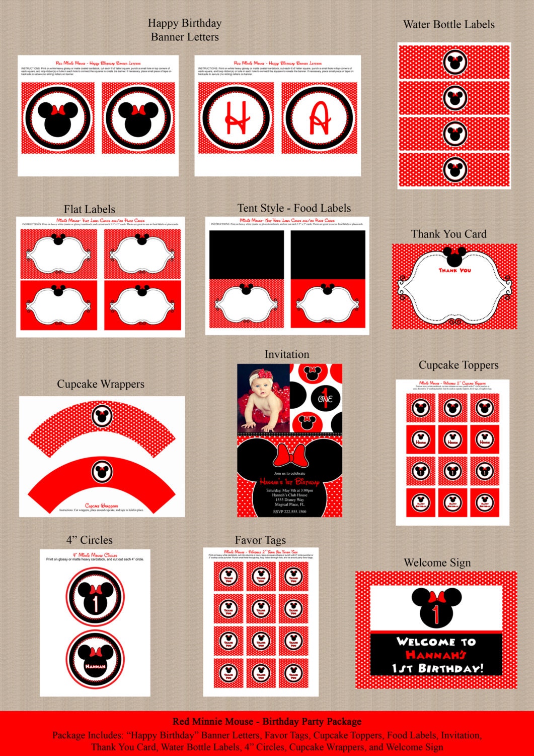 Printable Red Minnie Mouse Birthday Party Package - Birthday Invitation, Cupcake Toppers, Favor Tags and more
