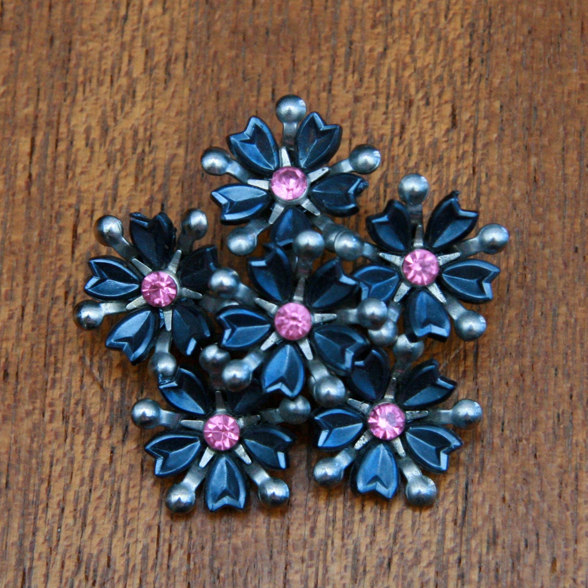 Vintage 60s Pewter and Silver Floral Brooch W/ Pink Rhinestones
