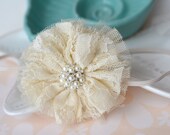 Shabby Chic Cream Tulle and Lace Flower Headband with Pearls and Rhinestones