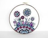 Embroidery Hoop Art, Abstract Flowers and Swirls Inspired by Mehndi in Warm Colors. Flower Garden 7 inch Hoop Wall Art by SometimesISwirl