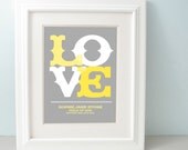 Typographic LOVE - personalized baptism, christening gift print, Yellow Gray Nursery Art