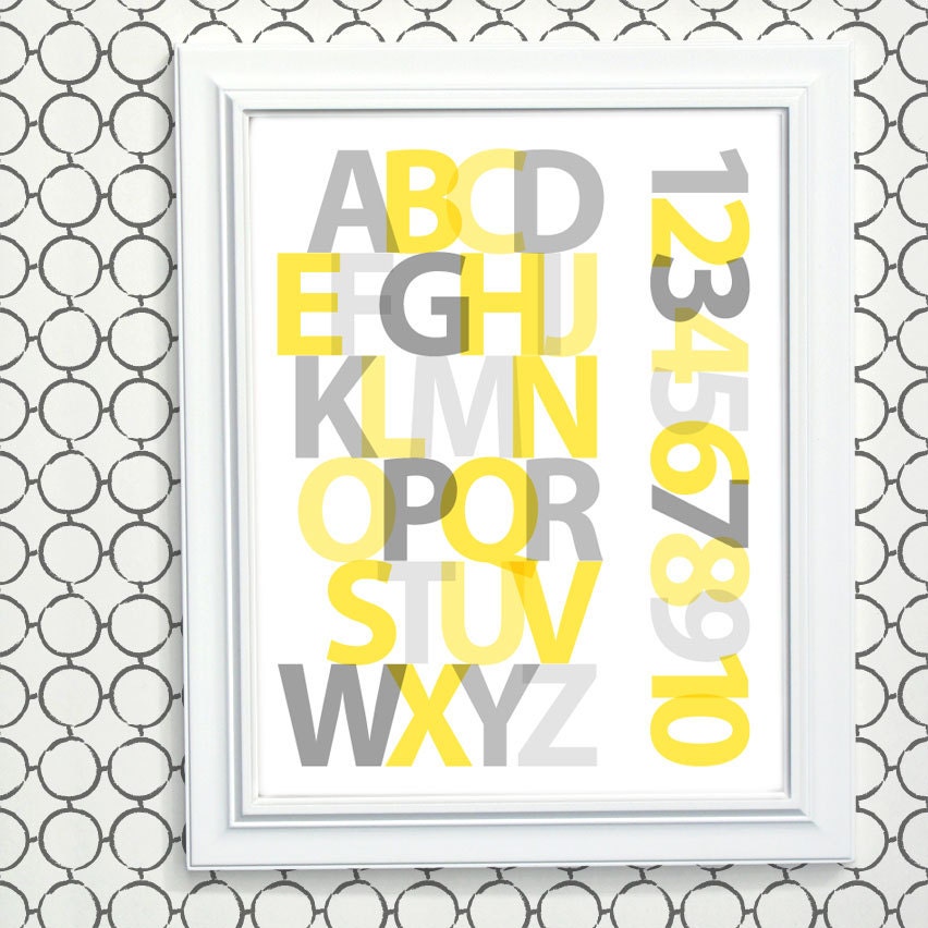 Yellow Gray Nursery Art, Modern Alphabet Art, New Baby Gift - Letters and Numbers Print 8 x 10,
