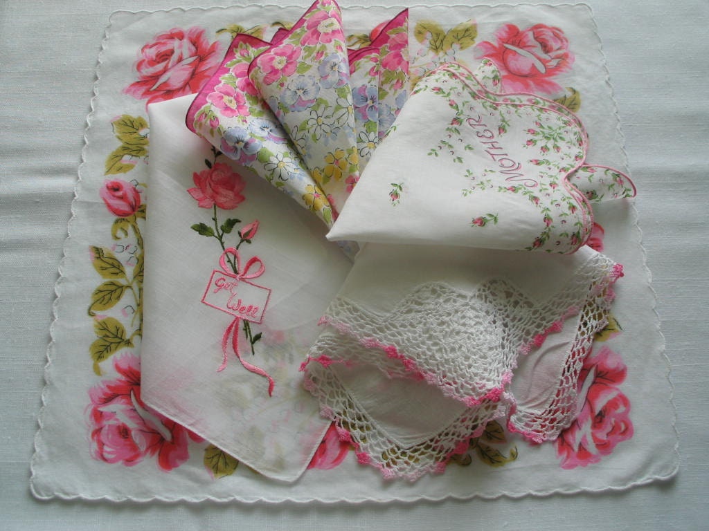 FIVE VINTAGE HANKIES, Pink Roses, Faceted Edges, Embroidered, Crochet, Gorgeous.