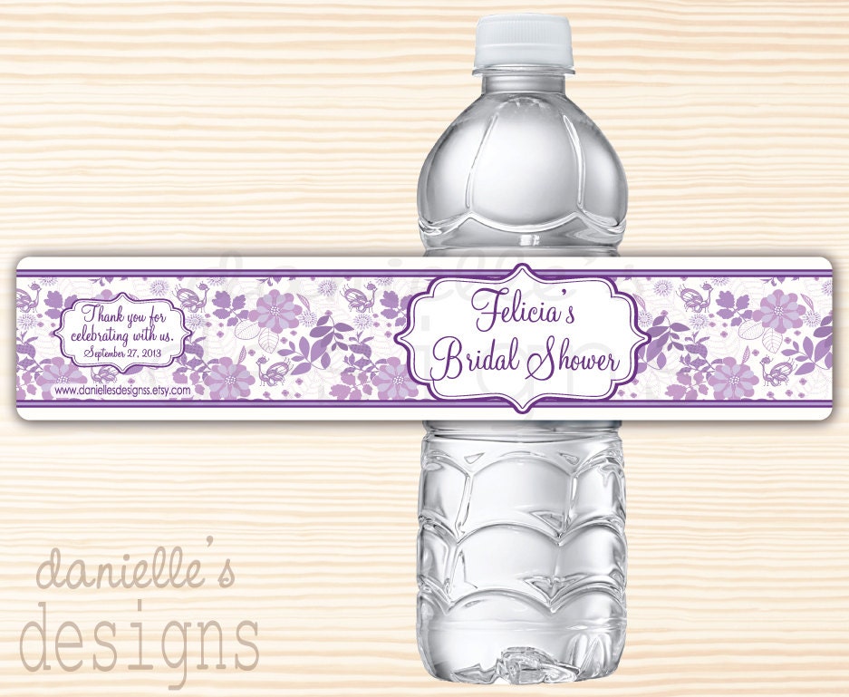 Country Chic Purple Peacock Personalized Bridal Shower Waterproof Water Bottle Labels - 35 Labels