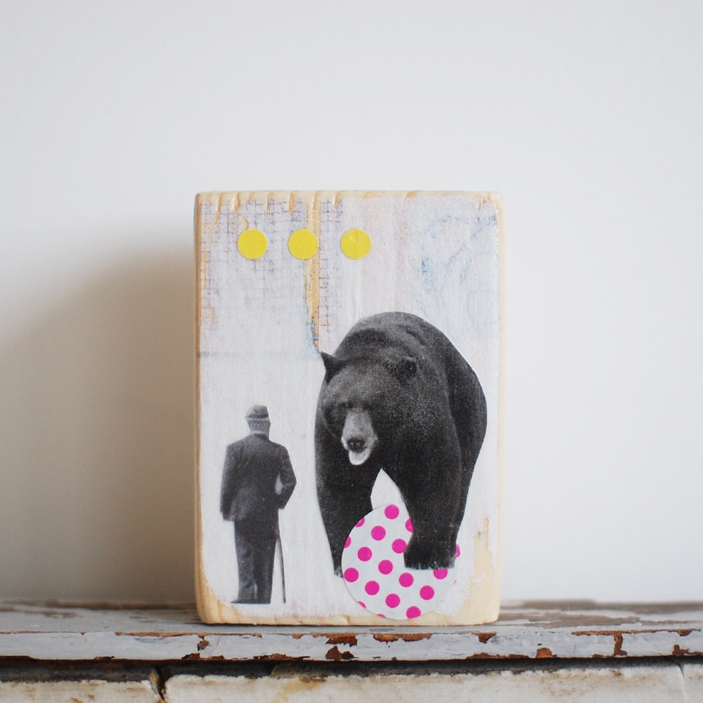 20% SALE Wonderous Bear - Wood art block, bear art, hot pink, black, white, whimsical, surreal, pattern, original collage