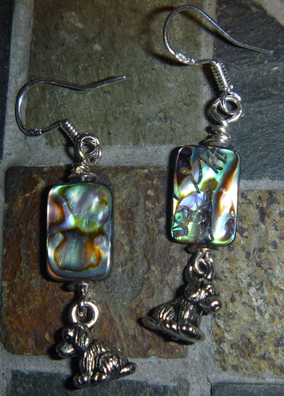 Tiny puppy dog earrings with abalone