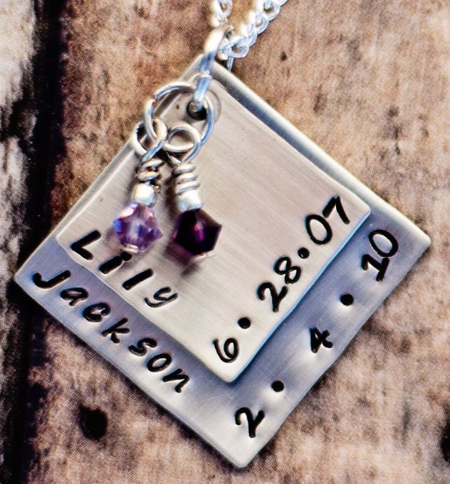 Hand Stamped Necklace with Birthstones for Each Name - Hand Stamped Square Necklace - Personalized and Unique