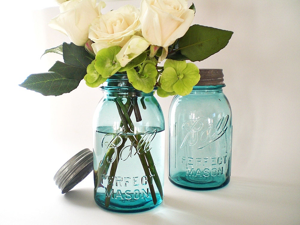Blue Mason Jars, Turquoise Wedding Decor, Antique Ball Canning Jar, Table Setting Centerpiece Vase - vintagebiffann