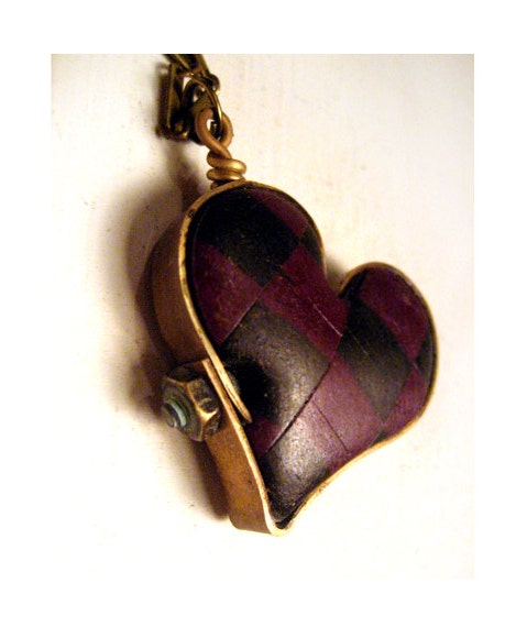 Purple Checked Steampunk Industrial Heart Necklace - Reversible