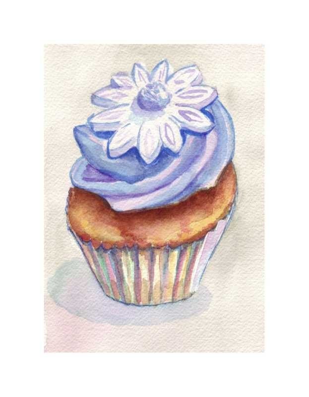 Cupcake Art Original Watercolor Painting - Purple Cupcake with White Flower Watercolor Art, 5x7 matted to 8x10