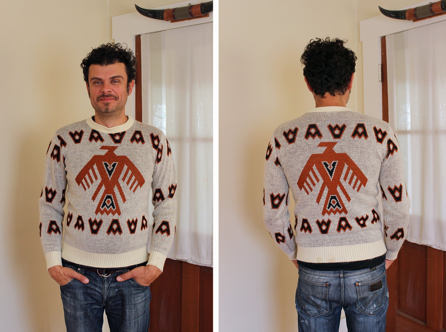 KILLER Rare 1940's Intarsia Woven Native American Thunderbird Theme Pull Over Knit Sweater - VLV - Unisex - Size Mens M or Womens L to XL