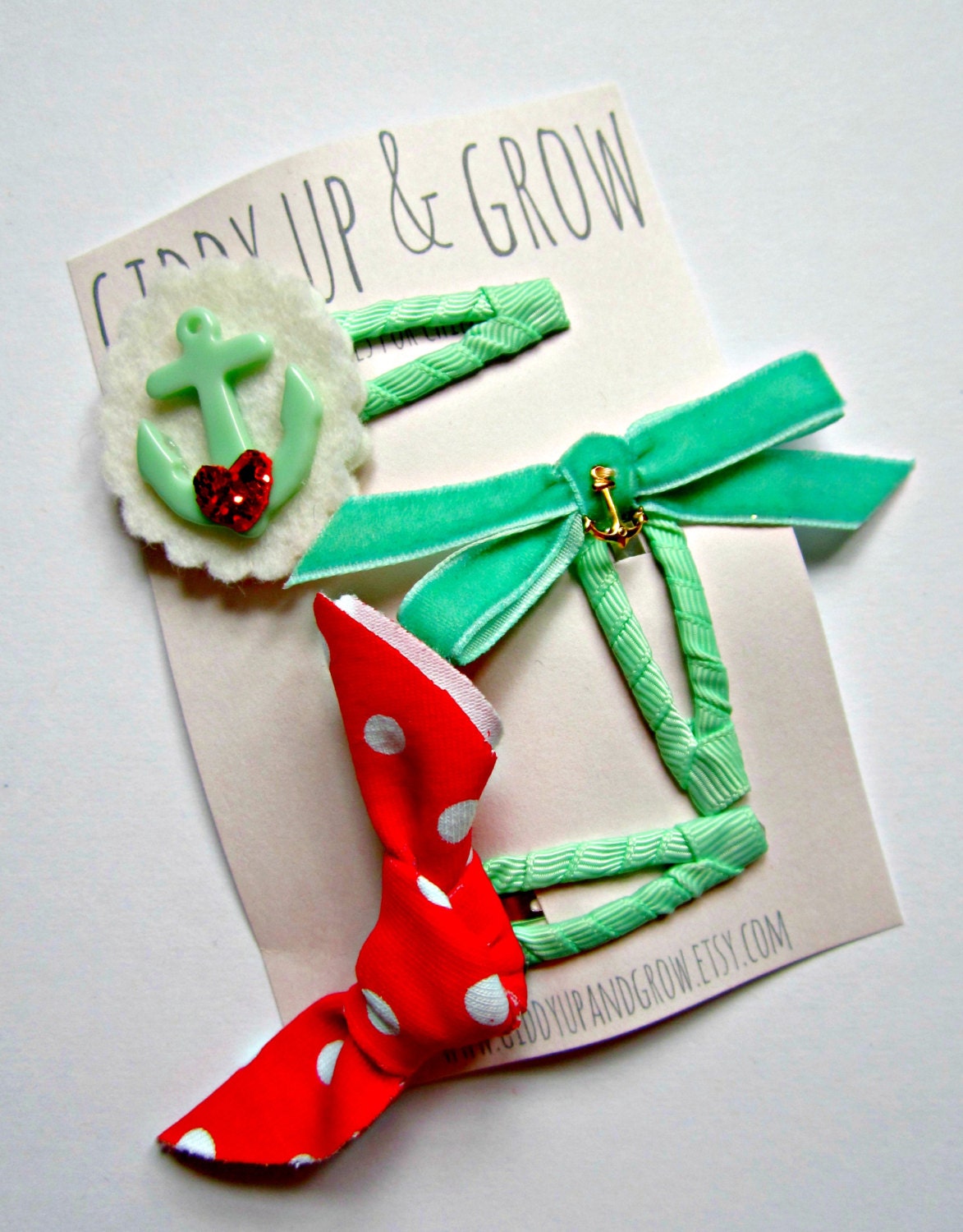 Nautical Hair Clips - Anchor hair clip set in red and mint, giddyupandgrow