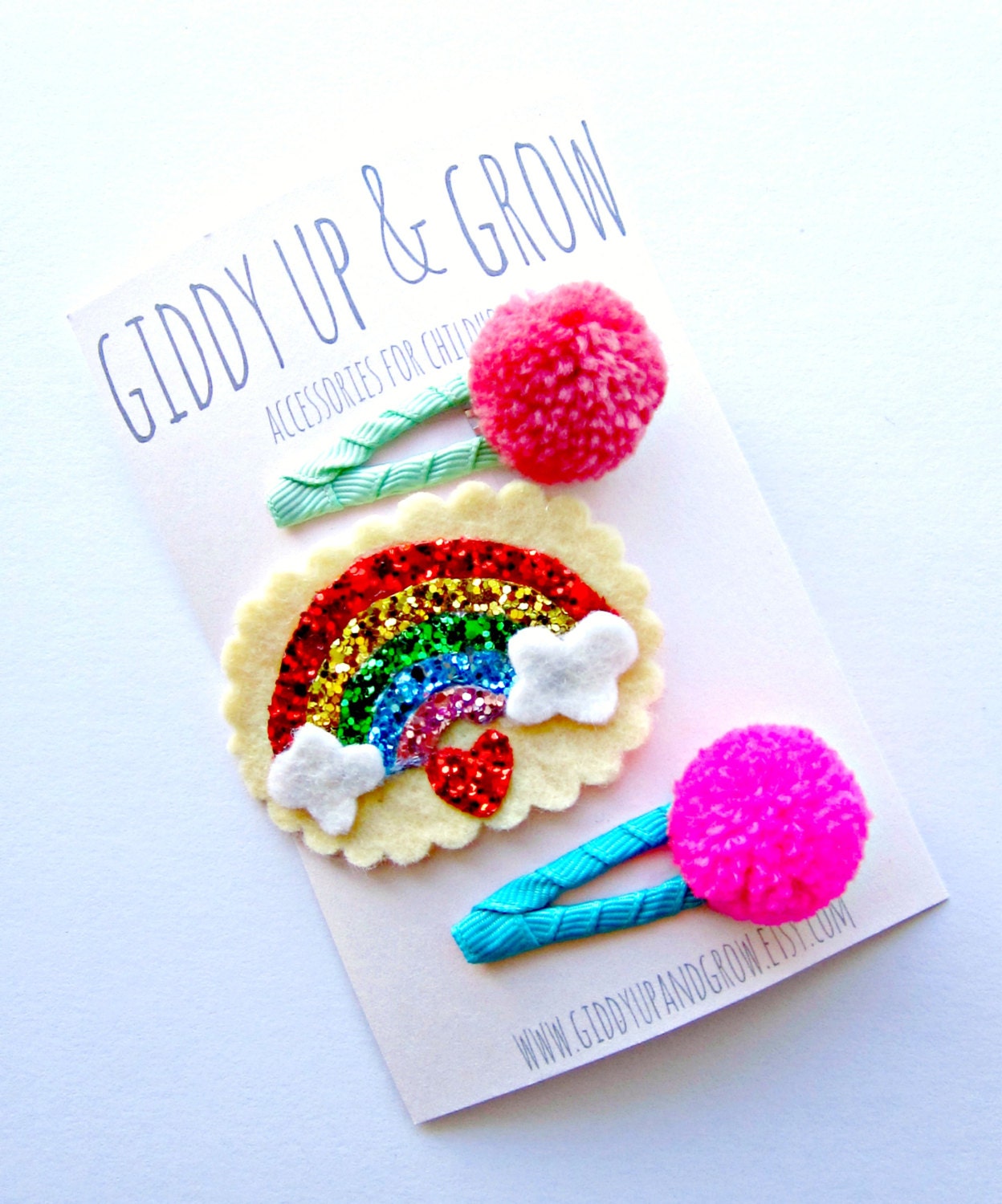 Felt Hair Clips - Rainbow hair clip, Giddy Up and Grow hair clips, Pom Pom