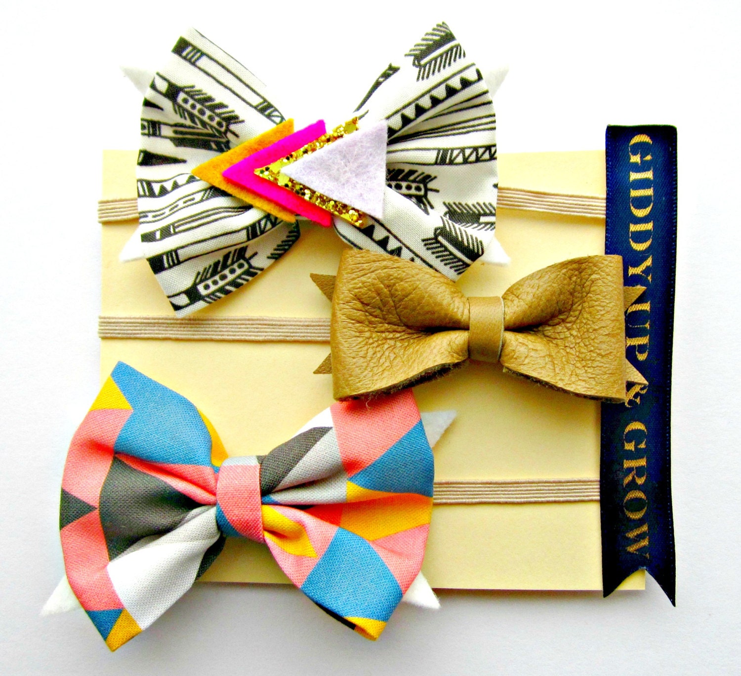 Baby Bow Headbands - Aztec headband set with arrow and leather bows, AZTEC