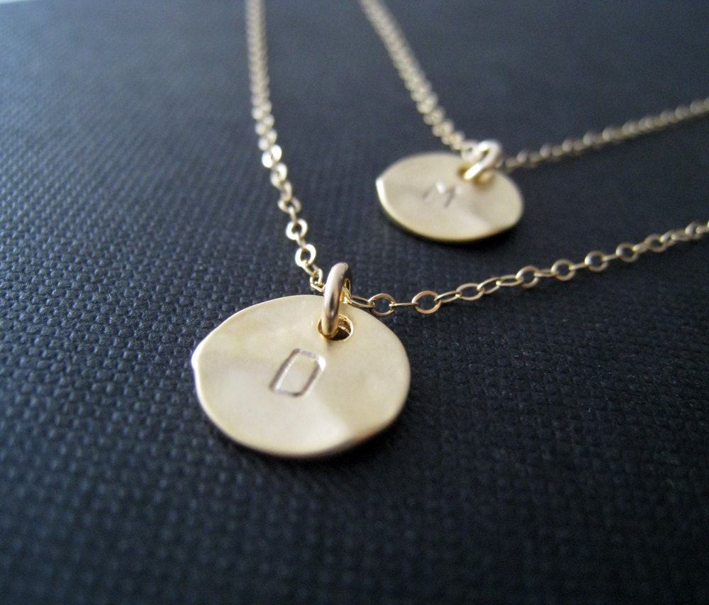two initials, double chain necklace, double strand necklace, layer, gold disc, personalized jewelry, mommy and me