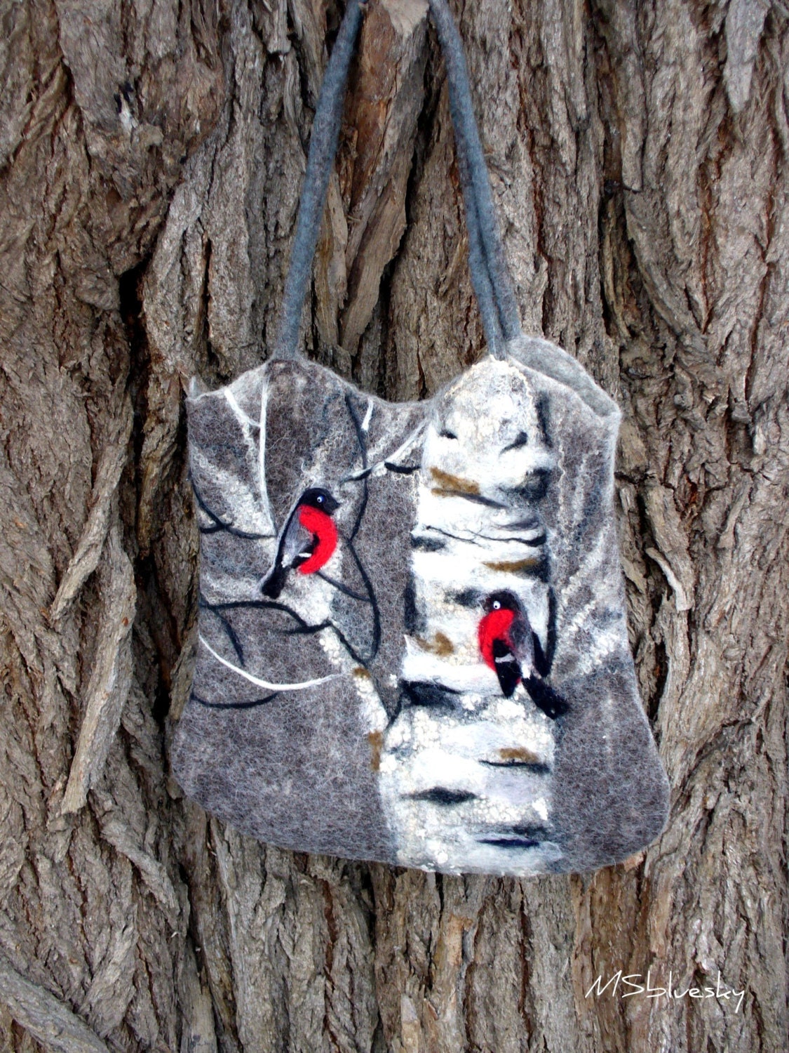 Felt Wool Tote Bullfinches on a birch tree,One of kind Felted handbag,  handmade, OOAK Ready to Ship