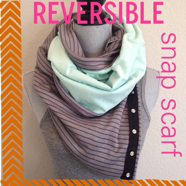 Reversible mint and grey on grey stripe snap scarf