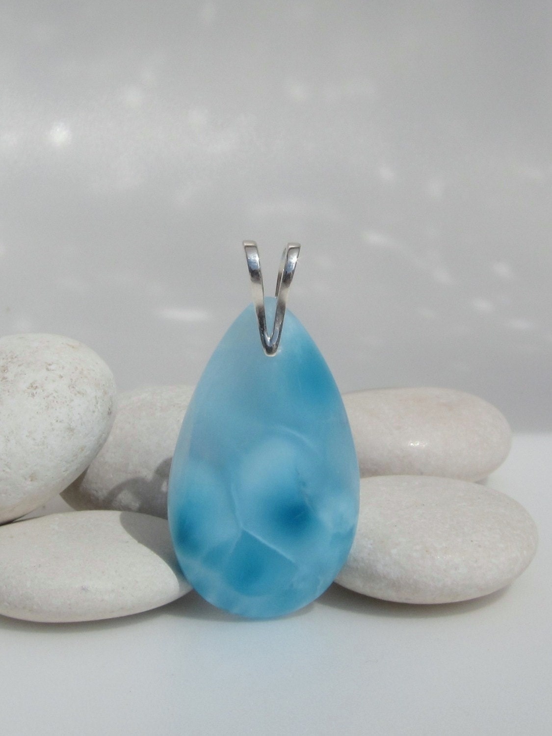 Larimar turtleback pendant, Tear of Atlantis - beautiful translucent sky blue Larimar teardrop